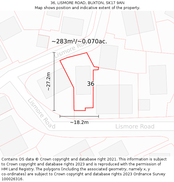 36, LISMORE ROAD, BUXTON, SK17 9AN: Plot and title map