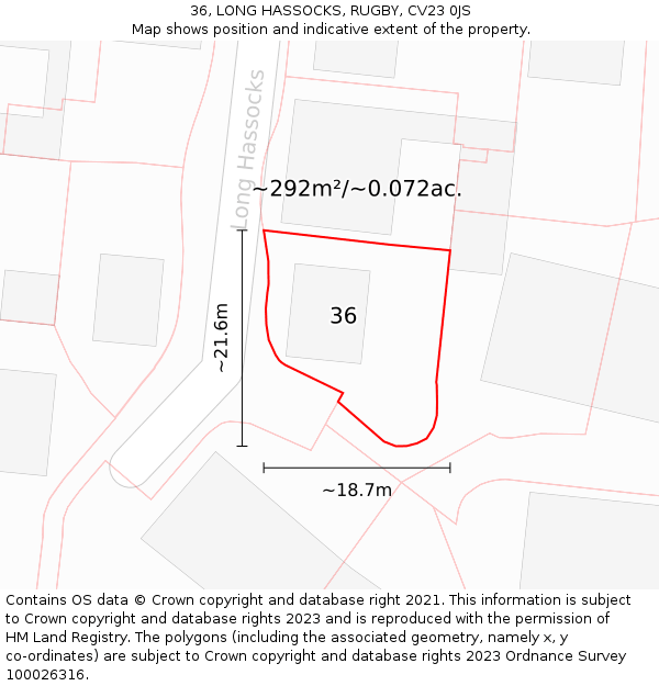 36, LONG HASSOCKS, RUGBY, CV23 0JS: Plot and title map