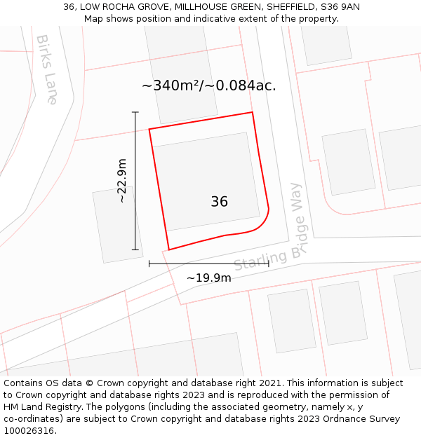 36, LOW ROCHA GROVE, MILLHOUSE GREEN, SHEFFIELD, S36 9AN: Plot and title map