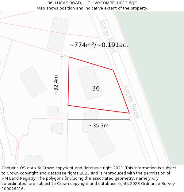 36, LUCAS ROAD, HIGH WYCOMBE, HP13 6QG: Plot and title map