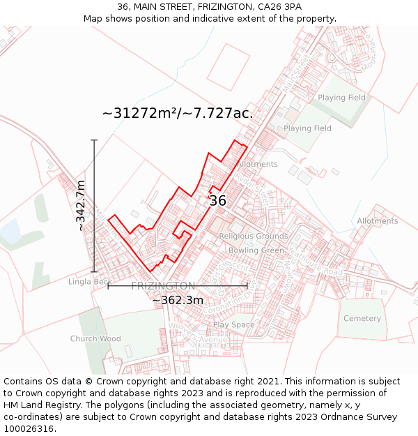 36, MAIN STREET, FRIZINGTON, CA26 3PA: Plot and title map
