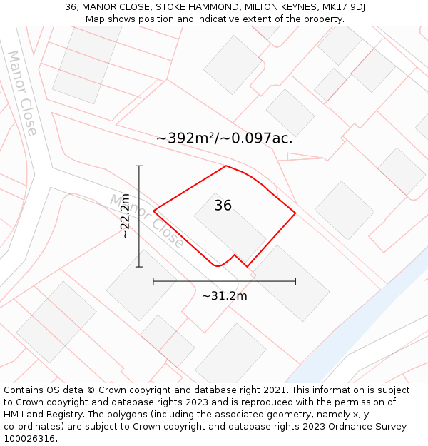 36, MANOR CLOSE, STOKE HAMMOND, MILTON KEYNES, MK17 9DJ: Plot and title map