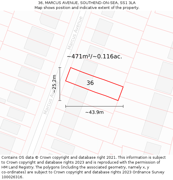 36, MARCUS AVENUE, SOUTHEND-ON-SEA, SS1 3LA: Plot and title map
