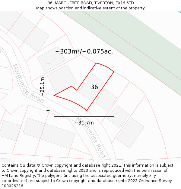 36, MARGUERITE ROAD, TIVERTON, EX16 6TD: Plot and title map