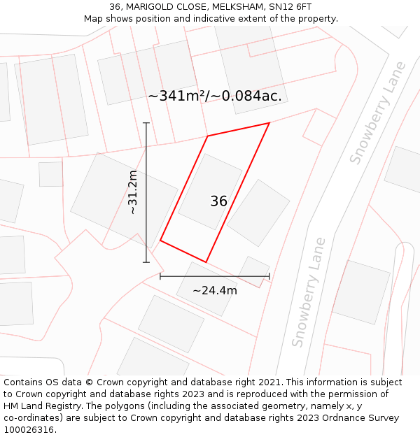 36, MARIGOLD CLOSE, MELKSHAM, SN12 6FT: Plot and title map