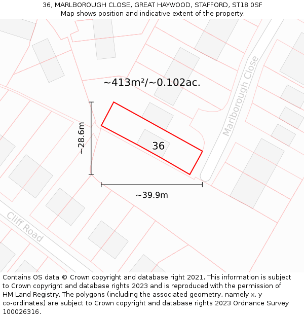 36, MARLBOROUGH CLOSE, GREAT HAYWOOD, STAFFORD, ST18 0SF: Plot and title map