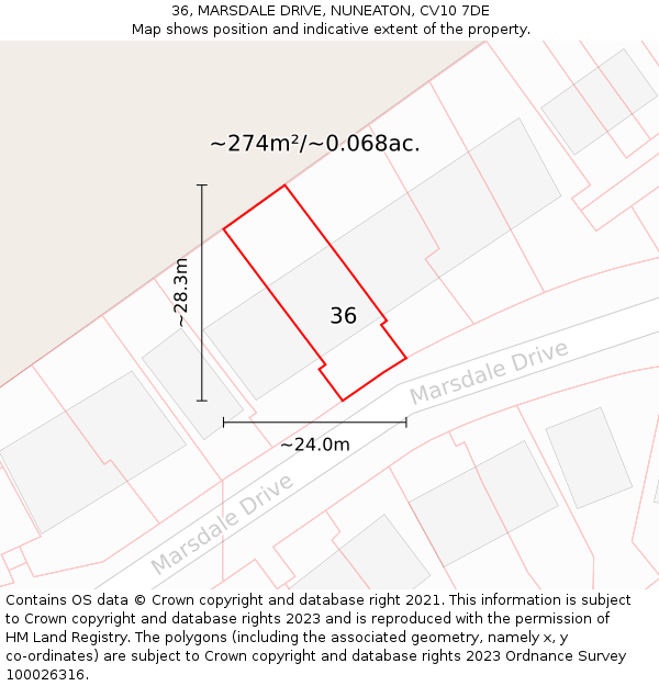 36, MARSDALE DRIVE, NUNEATON, CV10 7DE: Plot and title map