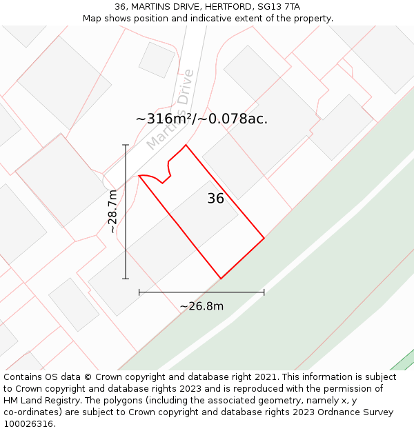 36, MARTINS DRIVE, HERTFORD, SG13 7TA: Plot and title map