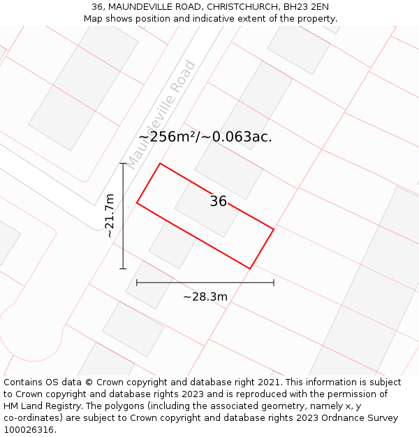 36, MAUNDEVILLE ROAD, CHRISTCHURCH, BH23 2EN: Plot and title map