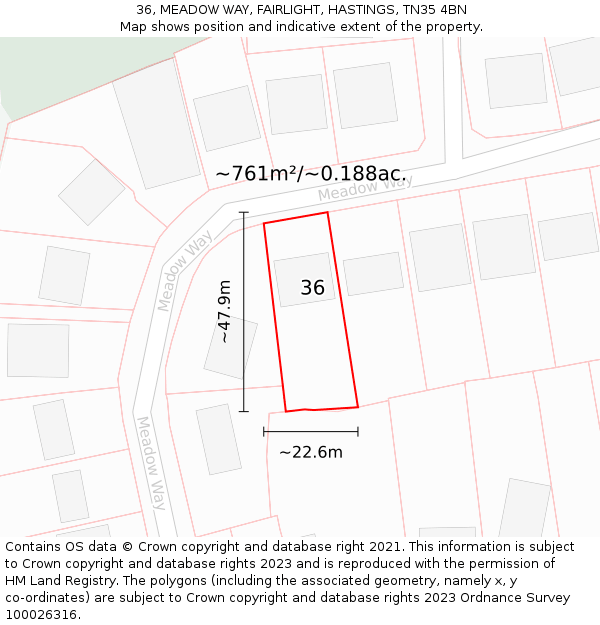 36, MEADOW WAY, FAIRLIGHT, HASTINGS, TN35 4BN: Plot and title map