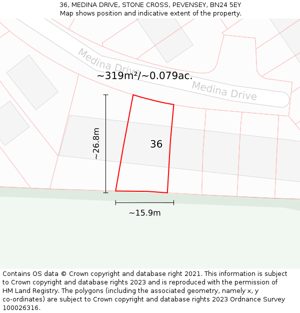 36, MEDINA DRIVE, STONE CROSS, PEVENSEY, BN24 5EY: Plot and title map