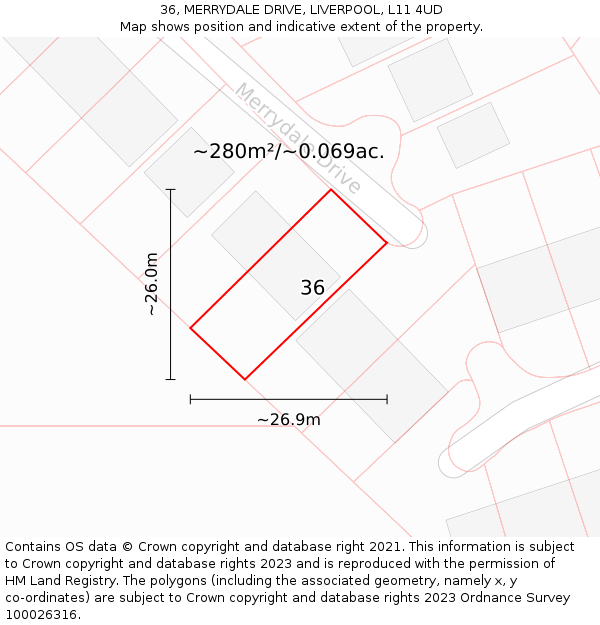 36, MERRYDALE DRIVE, LIVERPOOL, L11 4UD: Plot and title map