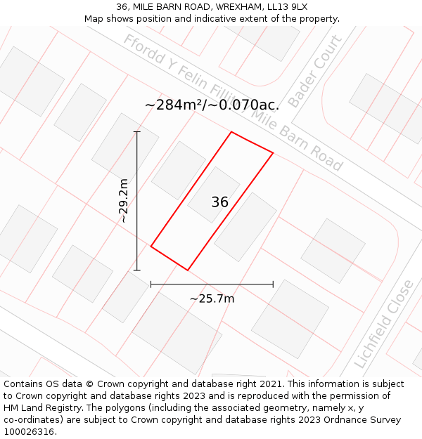 36, MILE BARN ROAD, WREXHAM, LL13 9LX: Plot and title map