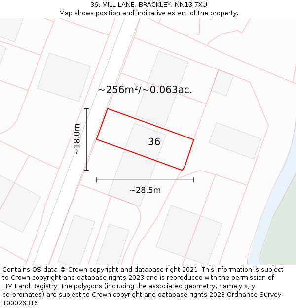 36, MILL LANE, BRACKLEY, NN13 7XU: Plot and title map