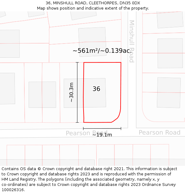 36, MINSHULL ROAD, CLEETHORPES, DN35 0DX: Plot and title map