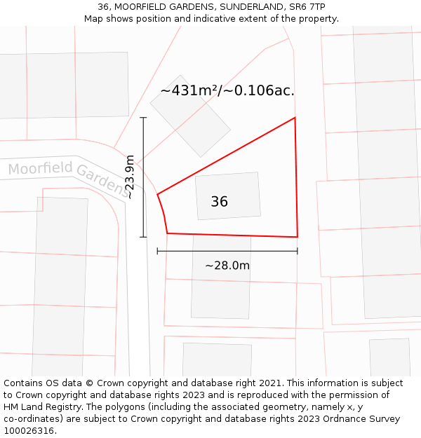 36, MOORFIELD GARDENS, SUNDERLAND, SR6 7TP: Plot and title map