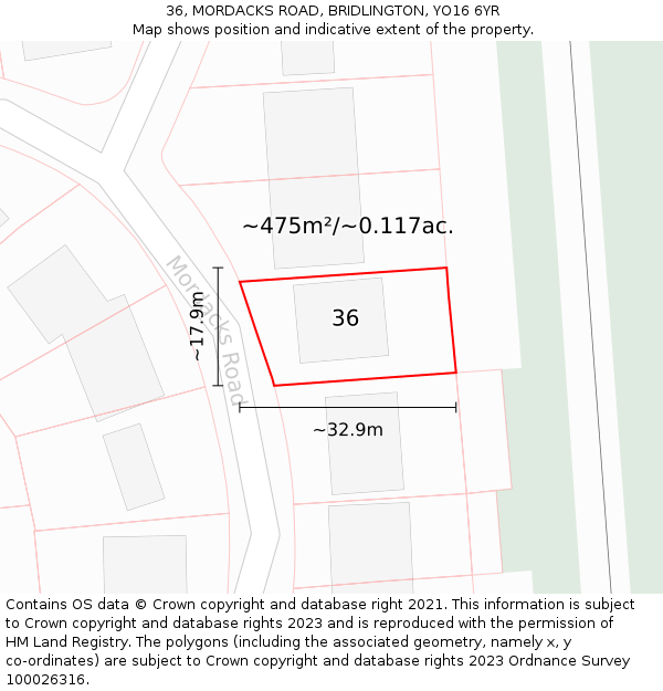 36, MORDACKS ROAD, BRIDLINGTON, YO16 6YR: Plot and title map