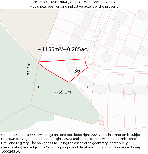 36, MORELAND DRIVE, GERRARDS CROSS, SL9 8BD: Plot and title map