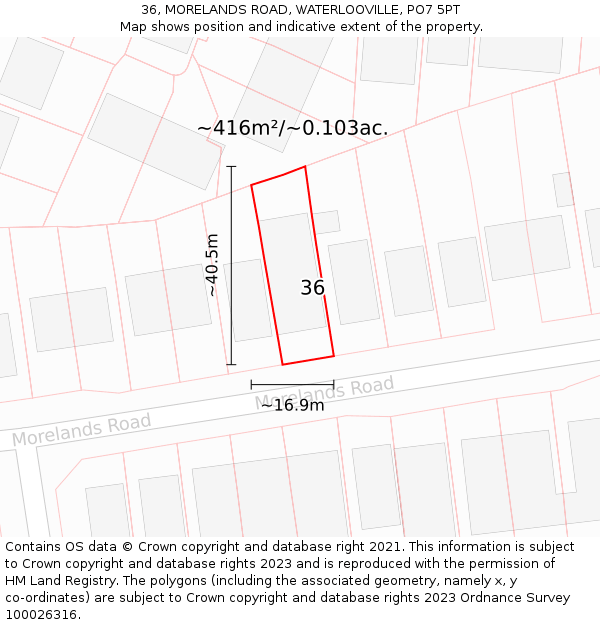 36, MORELANDS ROAD, WATERLOOVILLE, PO7 5PT: Plot and title map