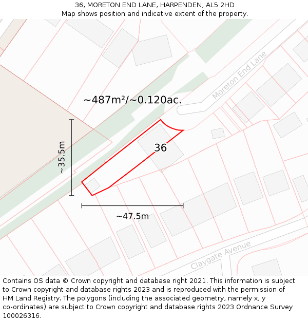 36, MORETON END LANE, HARPENDEN, AL5 2HD: Plot and title map