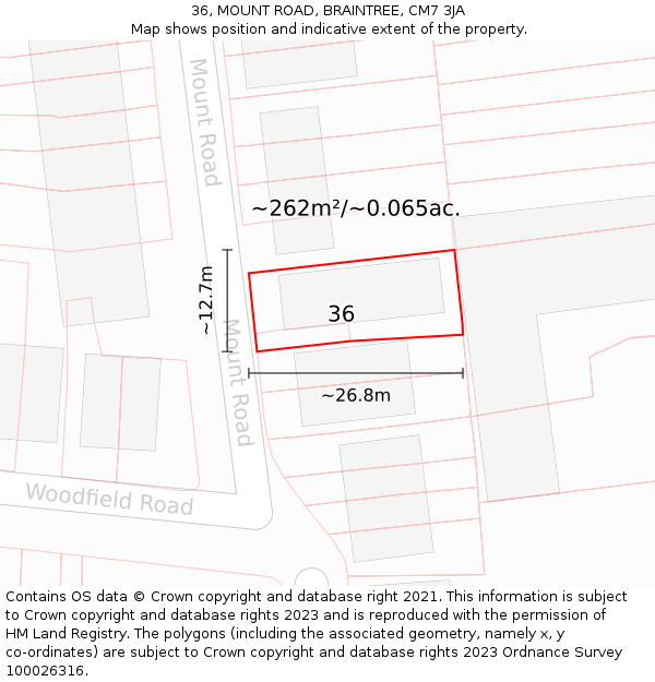 36, MOUNT ROAD, BRAINTREE, CM7 3JA: Plot and title map