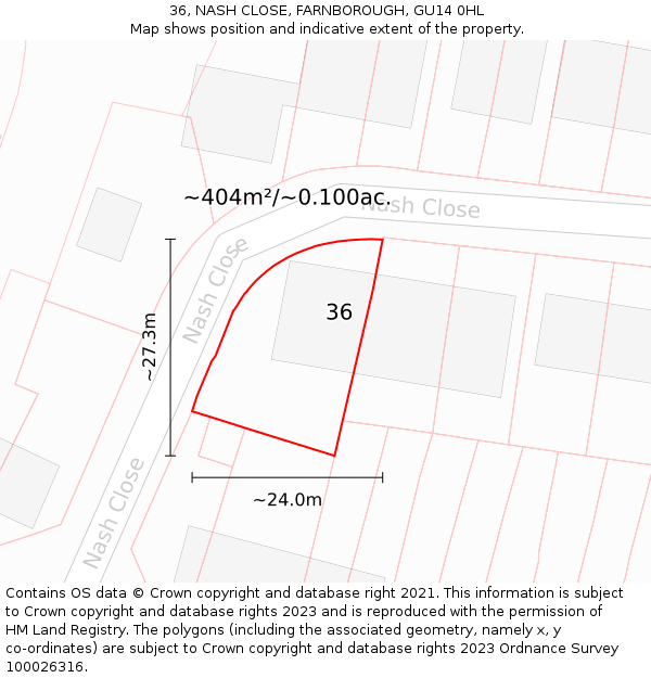 36, NASH CLOSE, FARNBOROUGH, GU14 0HL: Plot and title map