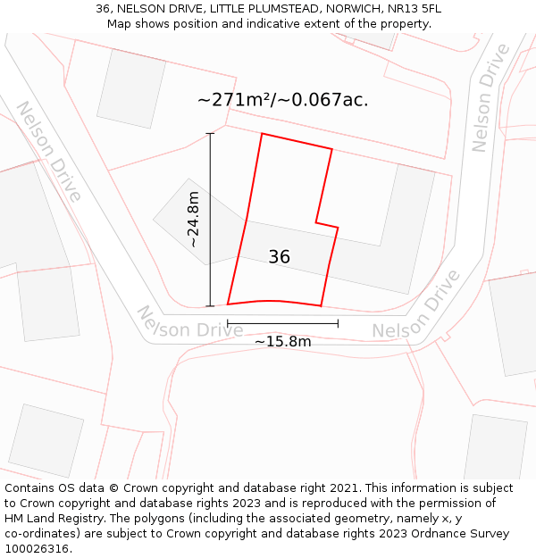 36, NELSON DRIVE, LITTLE PLUMSTEAD, NORWICH, NR13 5FL: Plot and title map