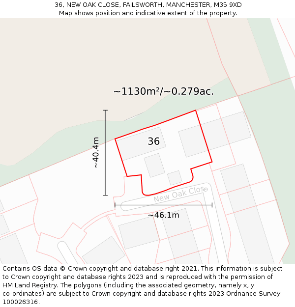 36, NEW OAK CLOSE, FAILSWORTH, MANCHESTER, M35 9XD: Plot and title map