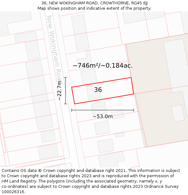 36, NEW WOKINGHAM ROAD, CROWTHORNE, RG45 6JJ: Plot and title map