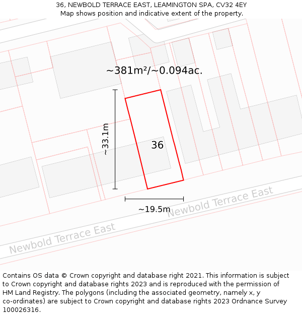 36, NEWBOLD TERRACE EAST, LEAMINGTON SPA, CV32 4EY: Plot and title map