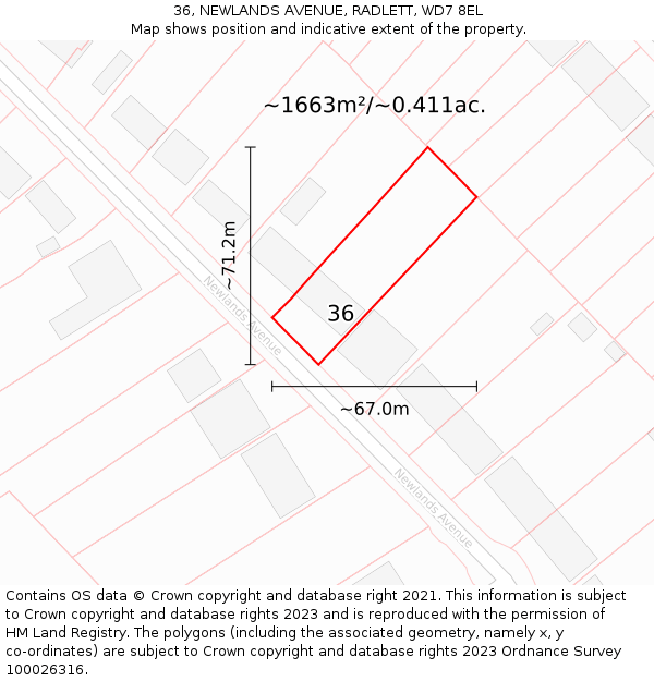 36, NEWLANDS AVENUE, RADLETT, WD7 8EL: Plot and title map