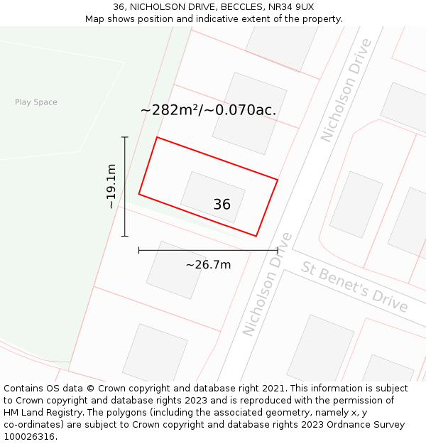 36, NICHOLSON DRIVE, BECCLES, NR34 9UX: Plot and title map