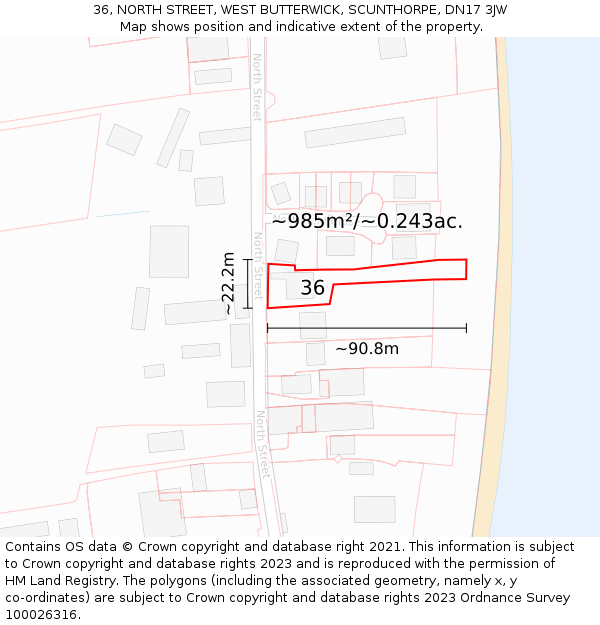 36, NORTH STREET, WEST BUTTERWICK, SCUNTHORPE, DN17 3JW: Plot and title map