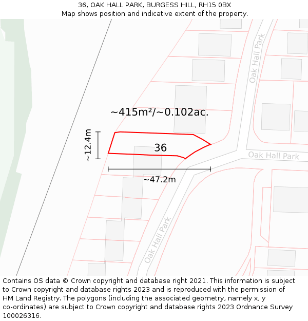 36, OAK HALL PARK, BURGESS HILL, RH15 0BX: Plot and title map