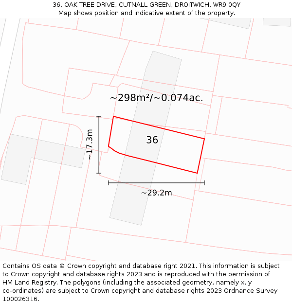 36, OAK TREE DRIVE, CUTNALL GREEN, DROITWICH, WR9 0QY: Plot and title map