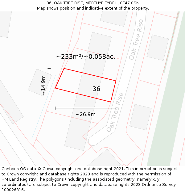 36, OAK TREE RISE, MERTHYR TYDFIL, CF47 0SN: Plot and title map