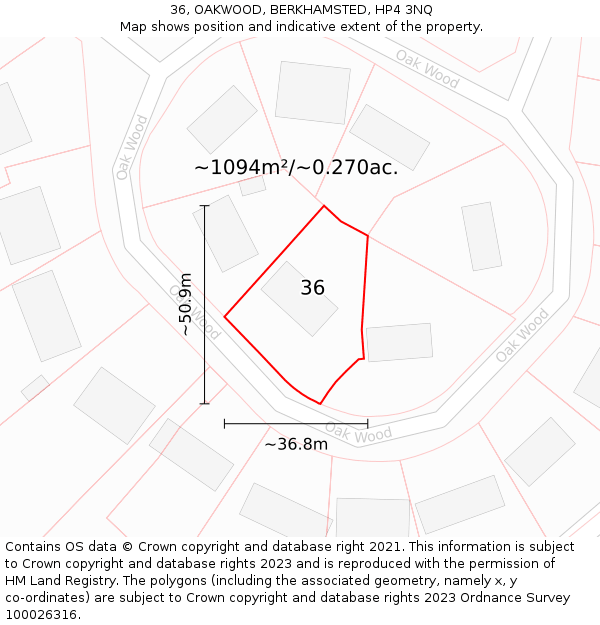 36, OAKWOOD, BERKHAMSTED, HP4 3NQ: Plot and title map