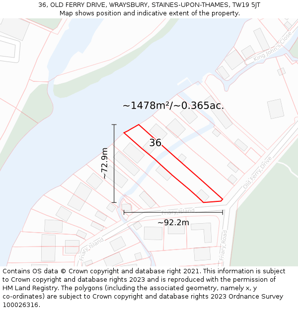 36, OLD FERRY DRIVE, WRAYSBURY, STAINES-UPON-THAMES, TW19 5JT: Plot and title map