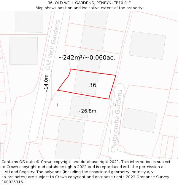 36, OLD WELL GARDENS, PENRYN, TR10 9LF: Plot and title map