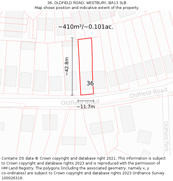 36, OLDFIELD ROAD, WESTBURY, BA13 3LB: Plot and title map