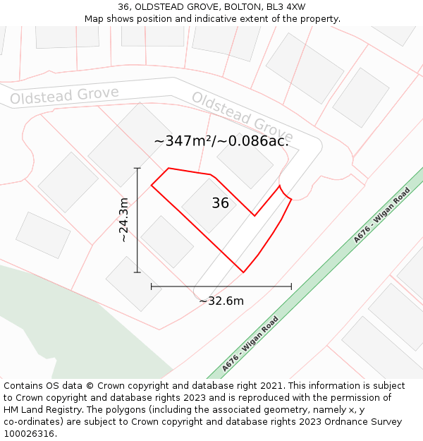 36, OLDSTEAD GROVE, BOLTON, BL3 4XW: Plot and title map