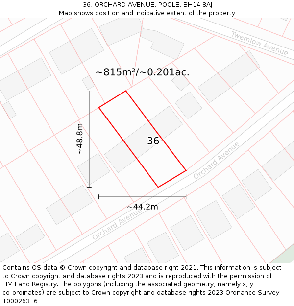 36, ORCHARD AVENUE, POOLE, BH14 8AJ: Plot and title map