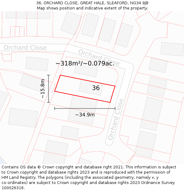 36, ORCHARD CLOSE, GREAT HALE, SLEAFORD, NG34 9JB: Plot and title map