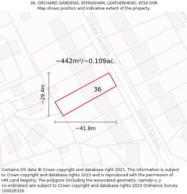 36, ORCHARD GARDENS, EFFINGHAM, LEATHERHEAD, KT24 5NR: Plot and title map