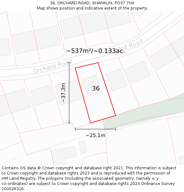 36, ORCHARD ROAD, SHANKLIN, PO37 7NX: Plot and title map