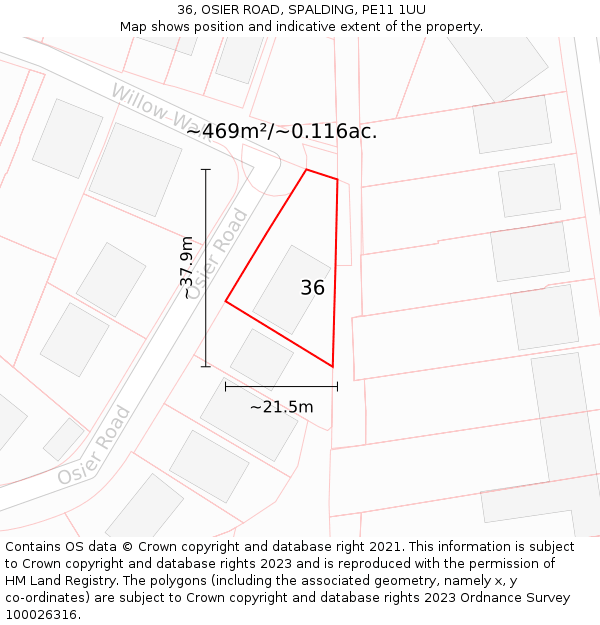 36, OSIER ROAD, SPALDING, PE11 1UU: Plot and title map