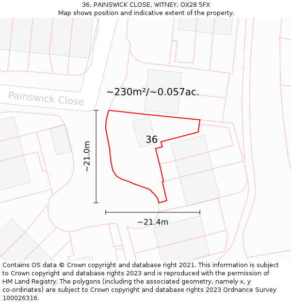 36, PAINSWICK CLOSE, WITNEY, OX28 5FX: Plot and title map