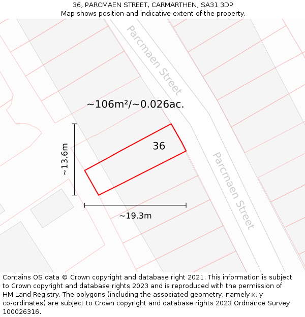 36, PARCMAEN STREET, CARMARTHEN, SA31 3DP: Plot and title map