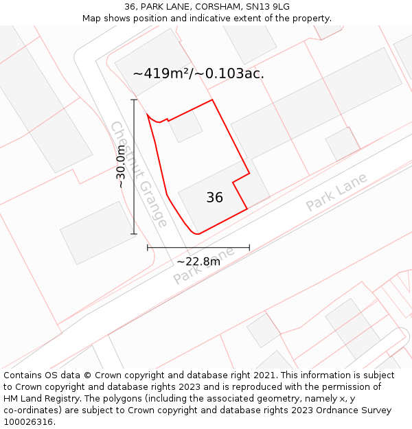 36, PARK LANE, CORSHAM, SN13 9LG: Plot and title map