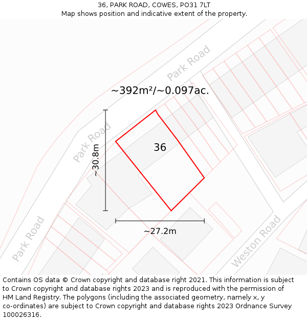 36, PARK ROAD, COWES, PO31 7LT: Plot and title map